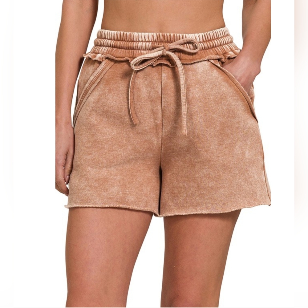 Acid Washed Fleece lined Drawstring Shorts with Pockets in Rust